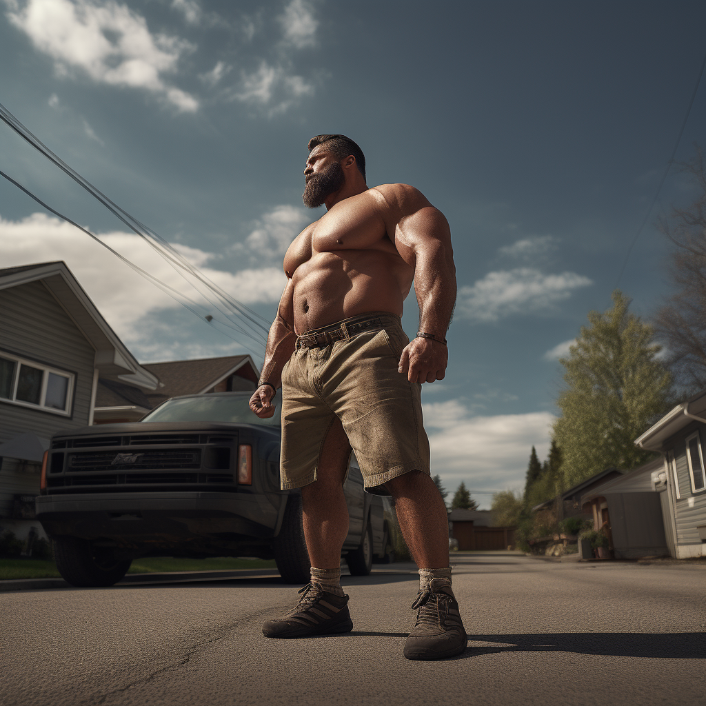 Large Muscular Man Clicking Heels on Suburban Street