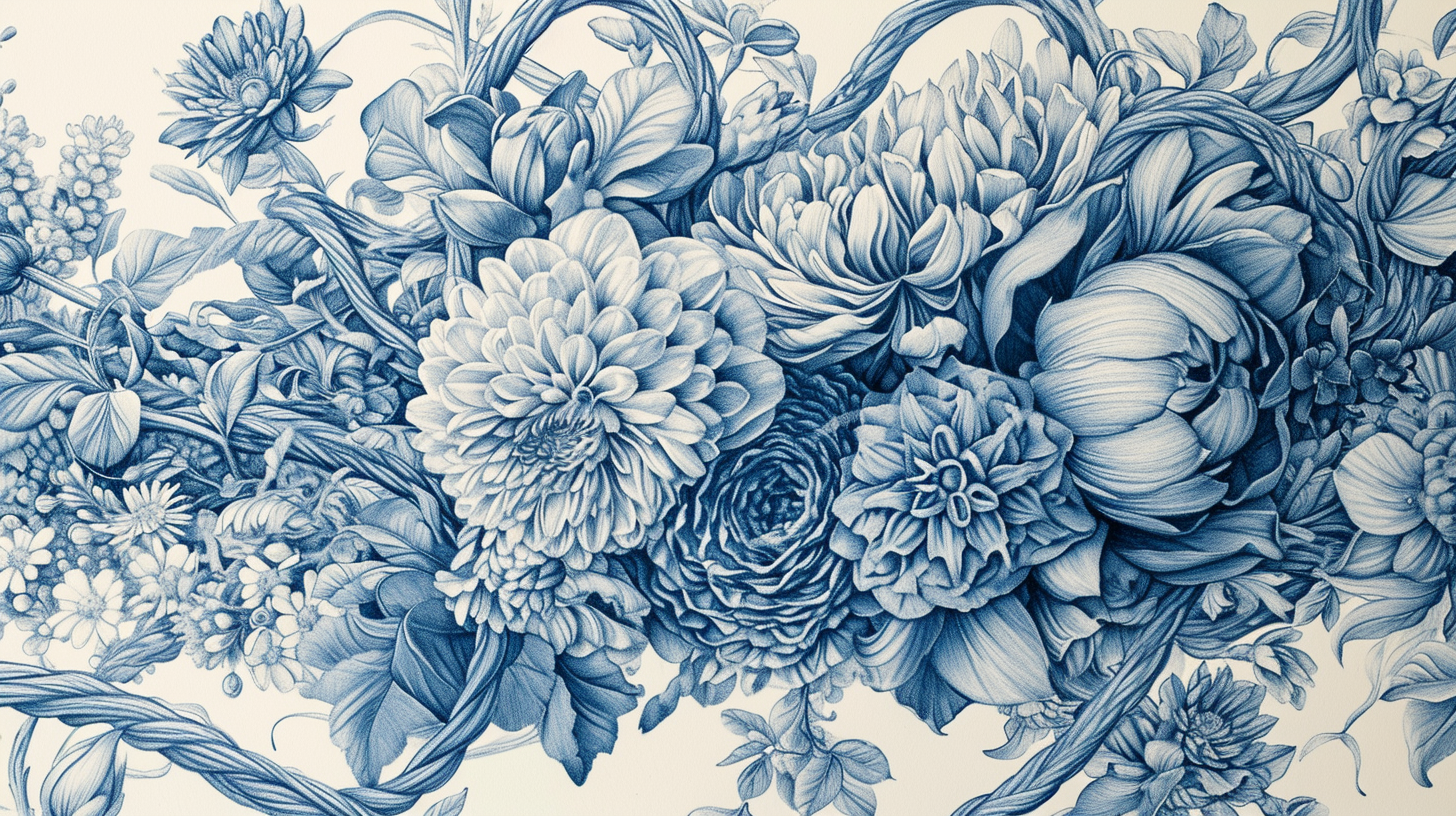 Detailed intricate blue pencil drawing wedding card