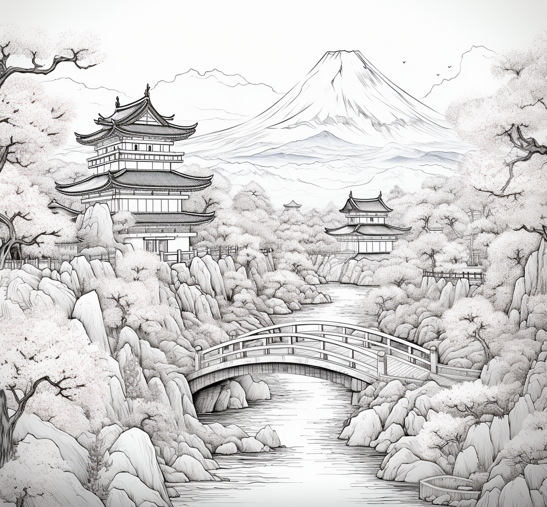 Detailed adult drawing of intricate Japanese scenery