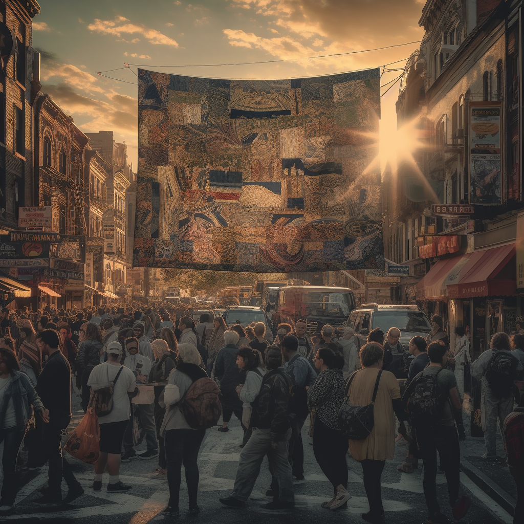 Intricate tapestry city street scene sunset beauty everyday