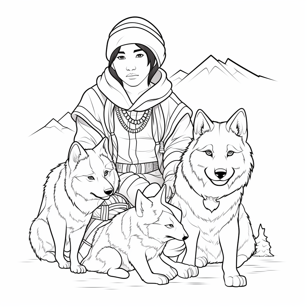 Inuit husky dogs coloring illustration