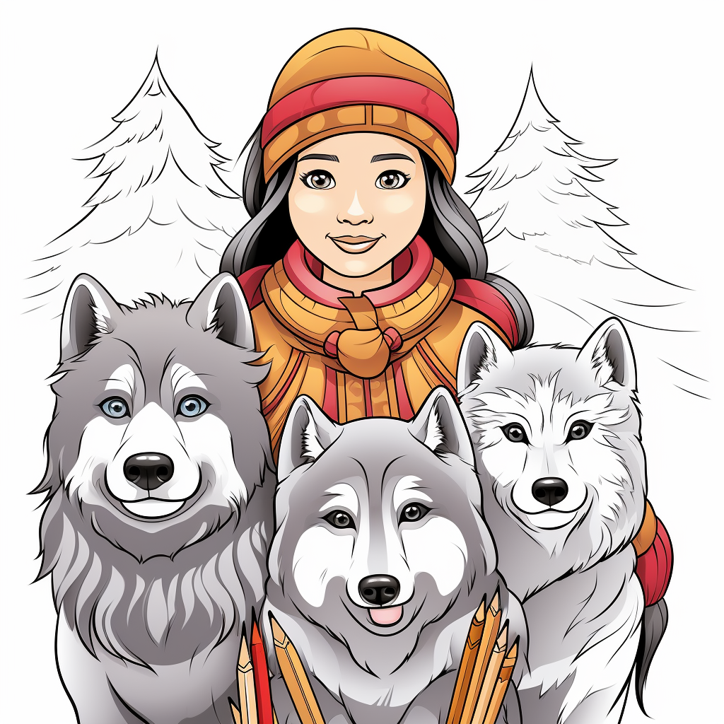 Inuit girl with husky dogs in simple illustration