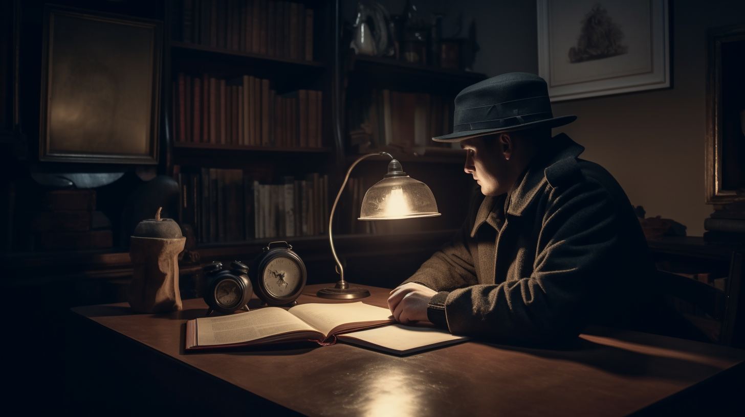 Investigator in dark room with black kettle hat