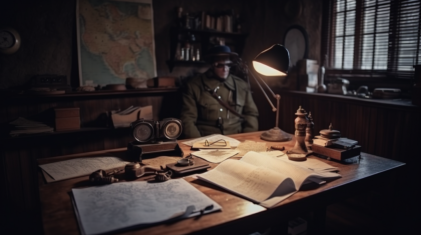 Investigator sitting in dark room in 1930