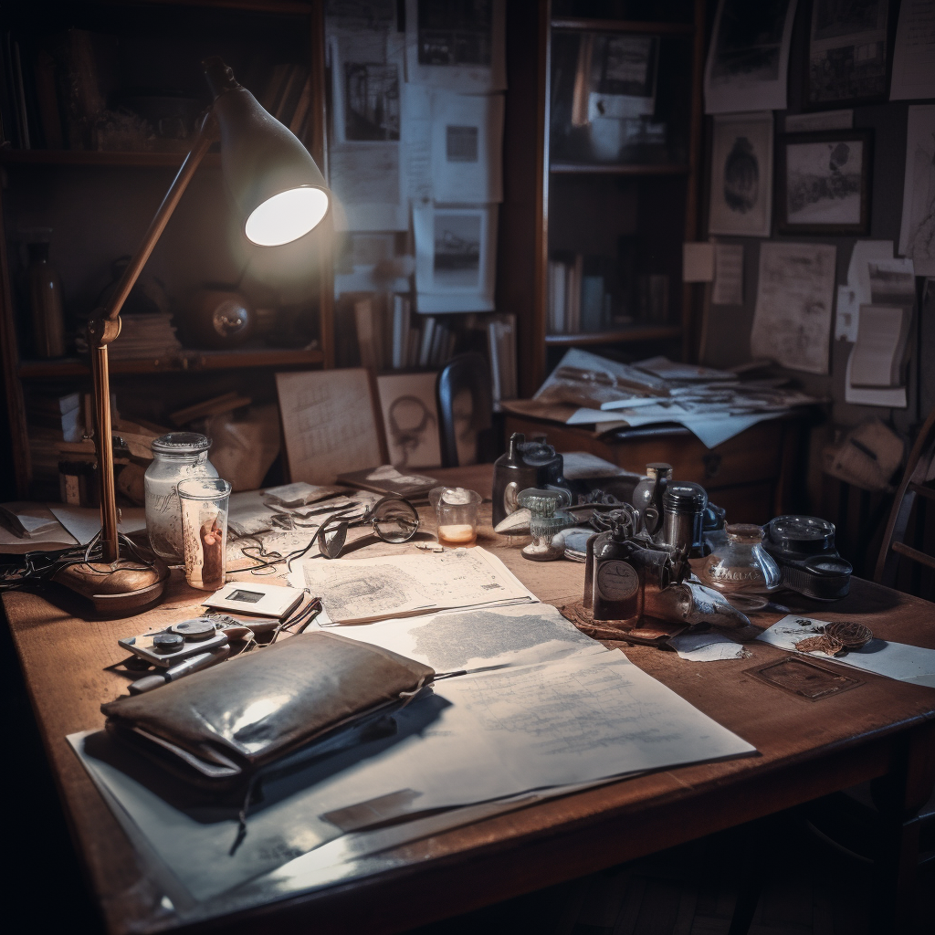 Investigator sitting by table in dark room