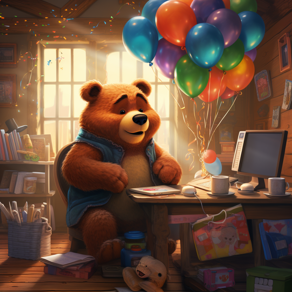 Cute bear at computer with balloons