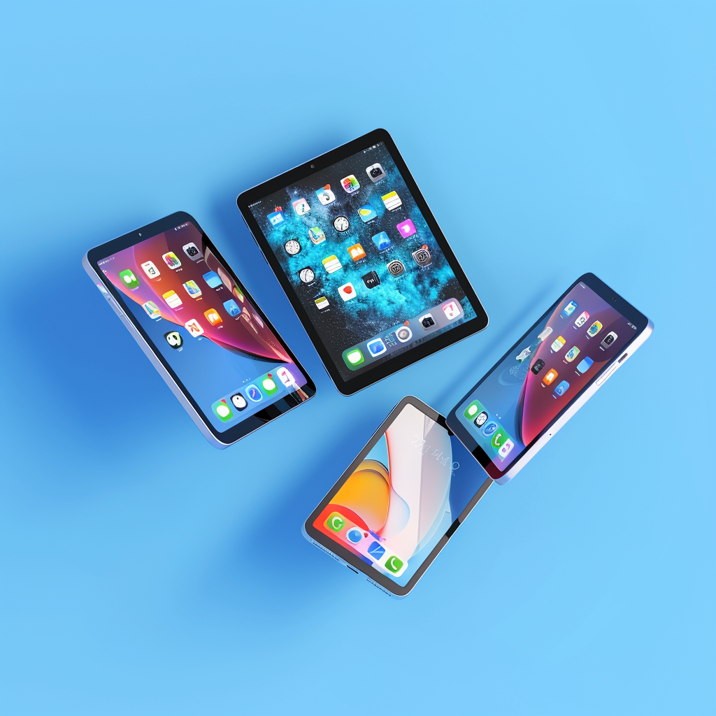 iPads and iPhones on Blue Background