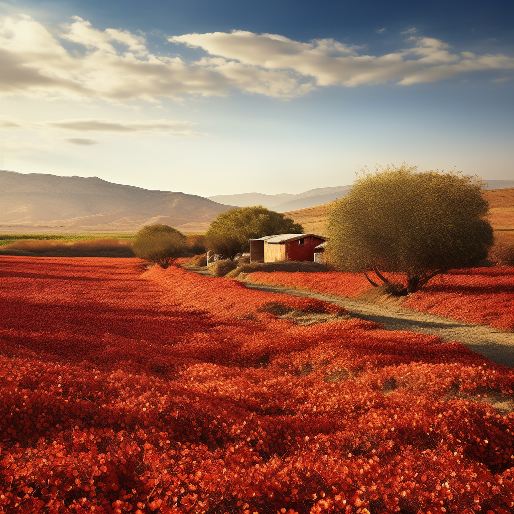 Iranian pistachio farm with red, orange, green elements