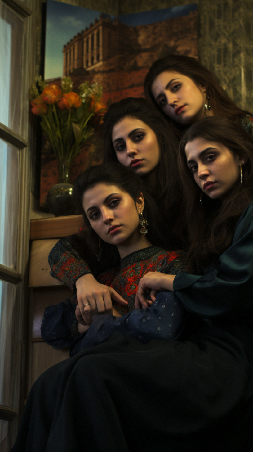 Four young Iranian women watching TV