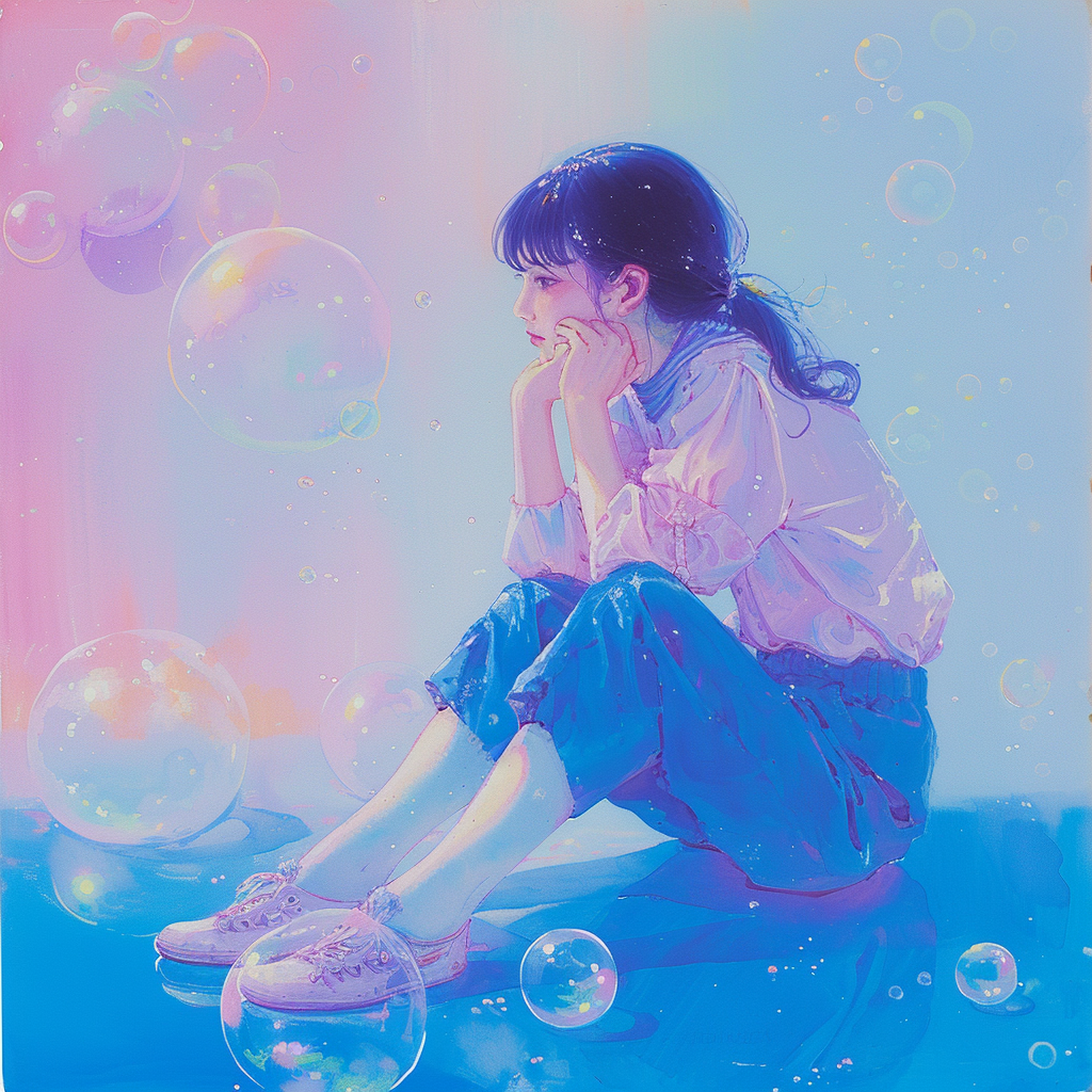 Bubbles drifting towards serene girl