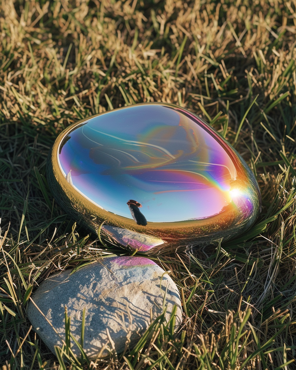 Iridescent metal blob on grass