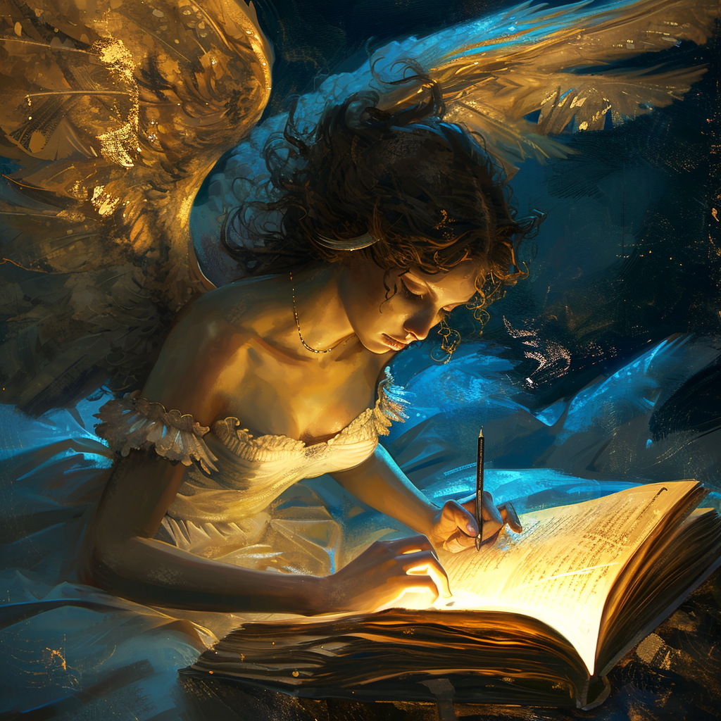 Iridescent angel writing in glowing book