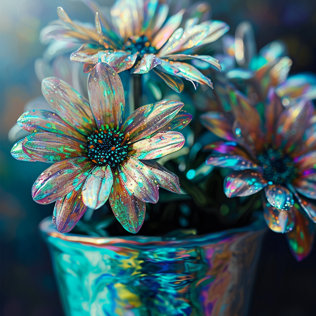 Iridescent flowers in a pot