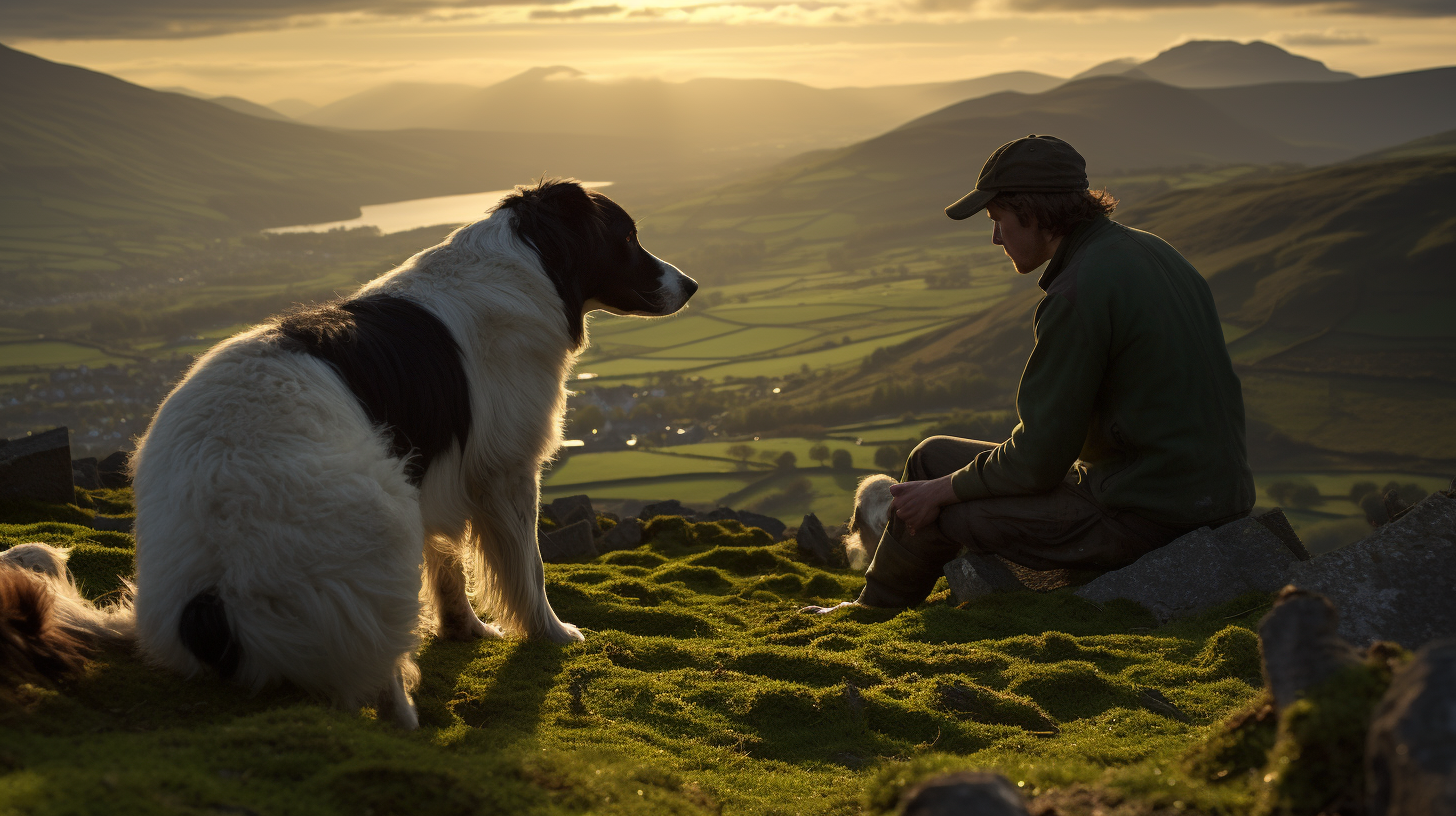 Irish farmer with collie dog and sheep