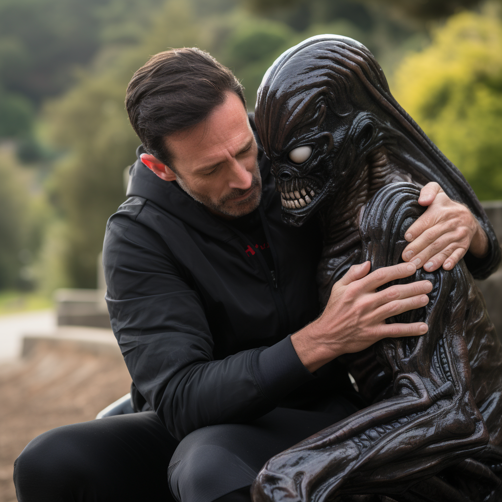 Middle-Aged Irish Man Hugging Crying Alien