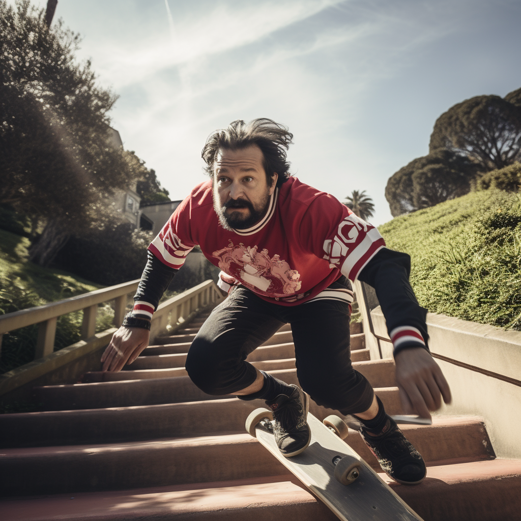 Middle-aged Irish man skateboarding with rocket boosters