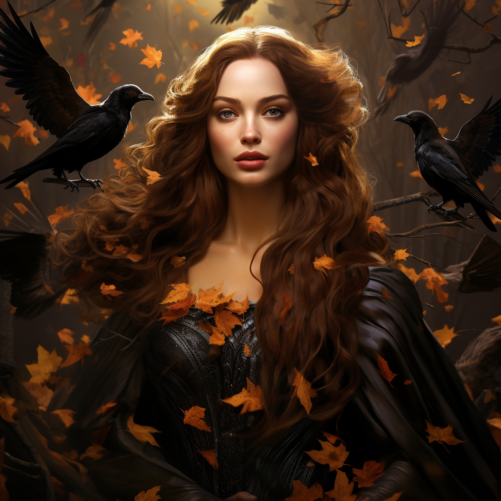 Young Irish goddess with ravens in autumn