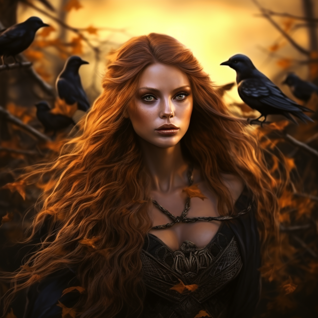 Young Irish goddess with ravens in autumn realm