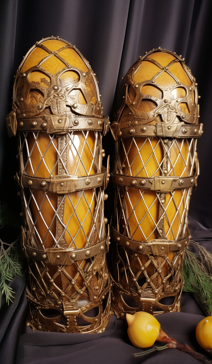 Pair of Iron Shin Guards and Golden Cage