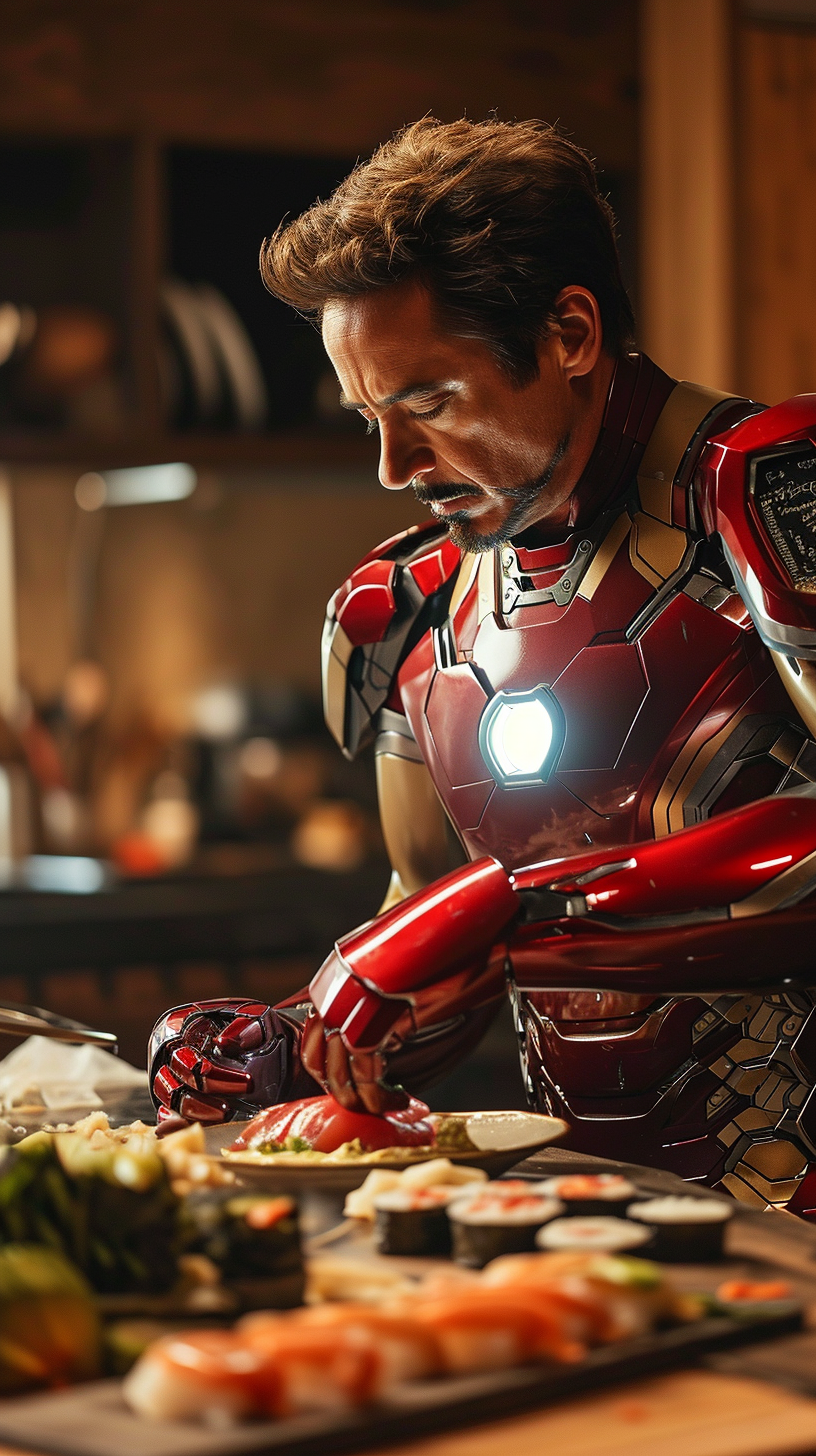 Iron Man slicing fresh fish for sushi