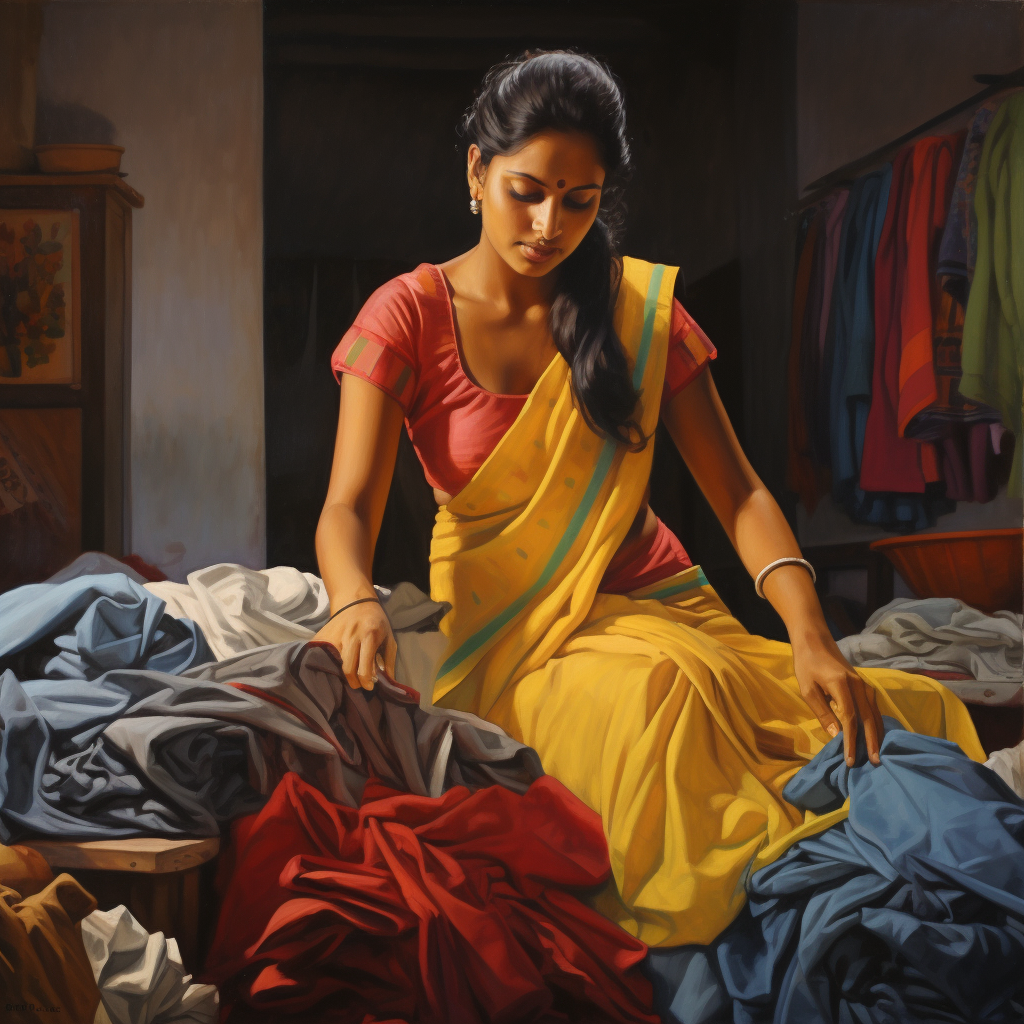 Indian housewife stacking colorful clothes