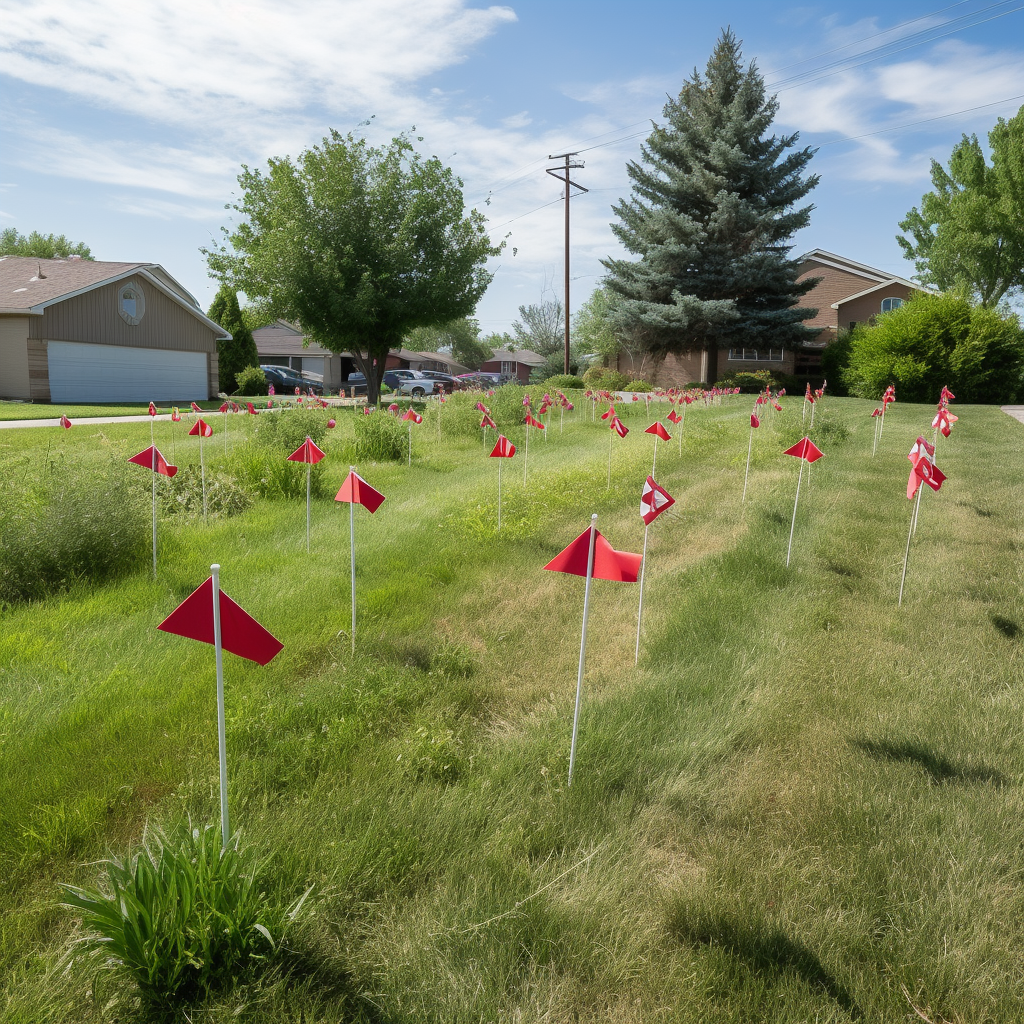 Irrigation flags marking sprinkler heads in a yard