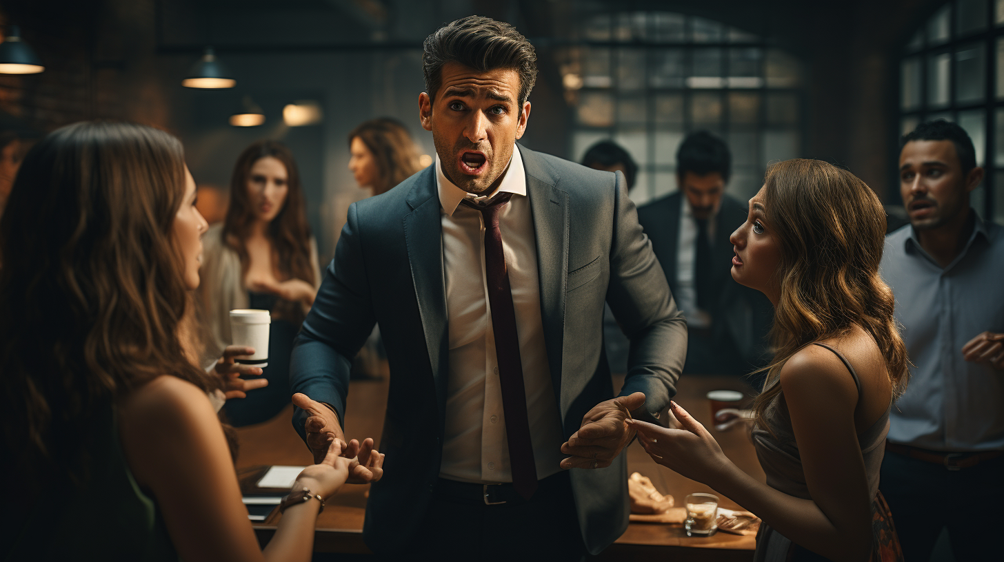 Irritable businessman arguing with girlfriend and friends indoors