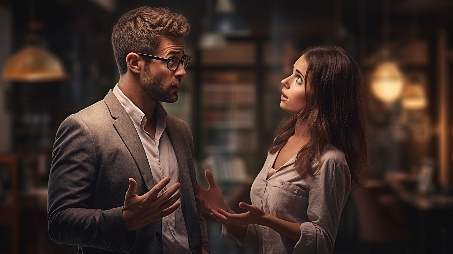 Irritated businessman explaining to confused girlfriend