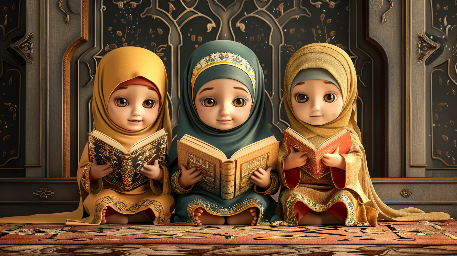 Islamic Kids with Book Cartoon Image