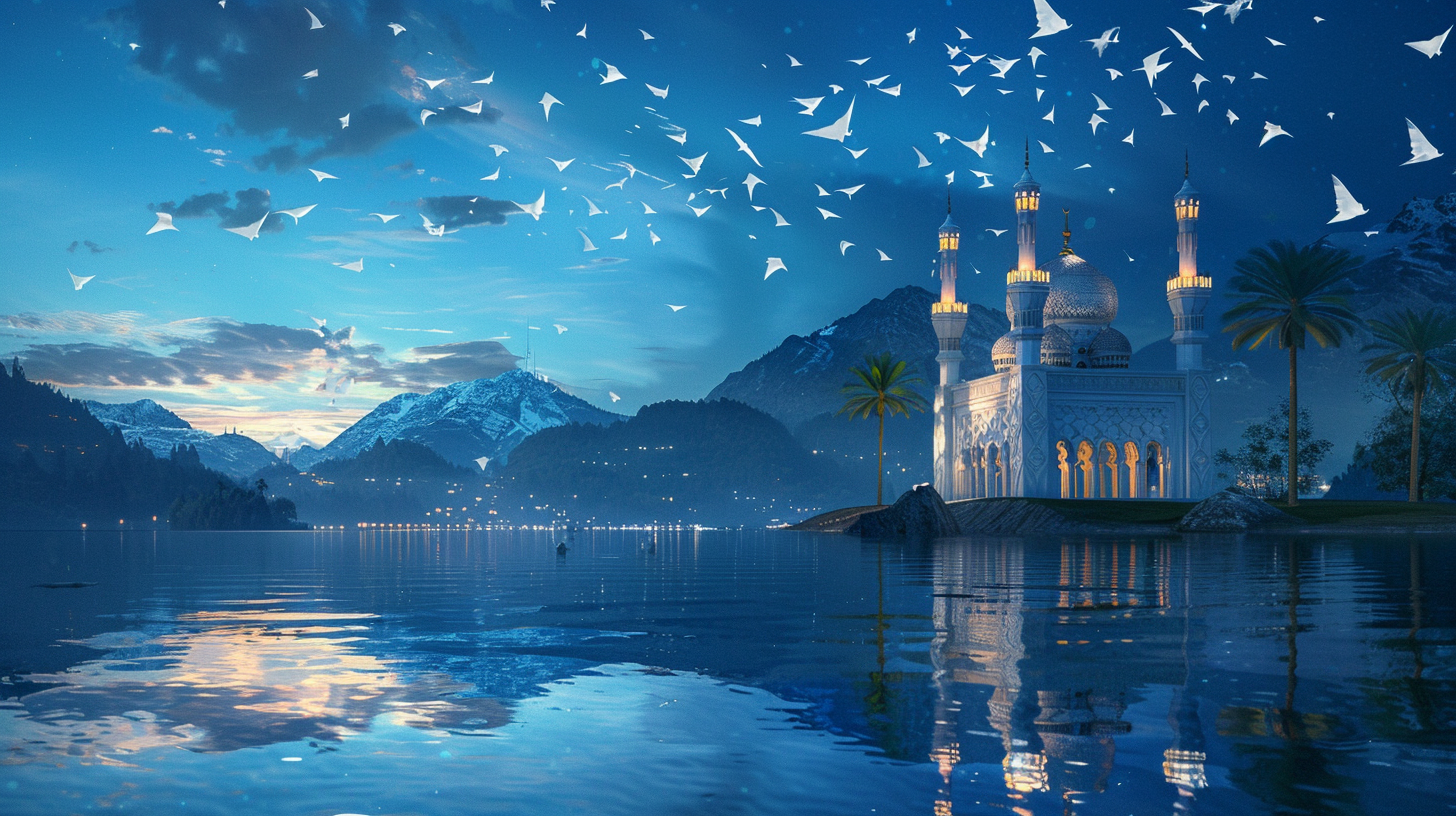 mosque papers flying night scene