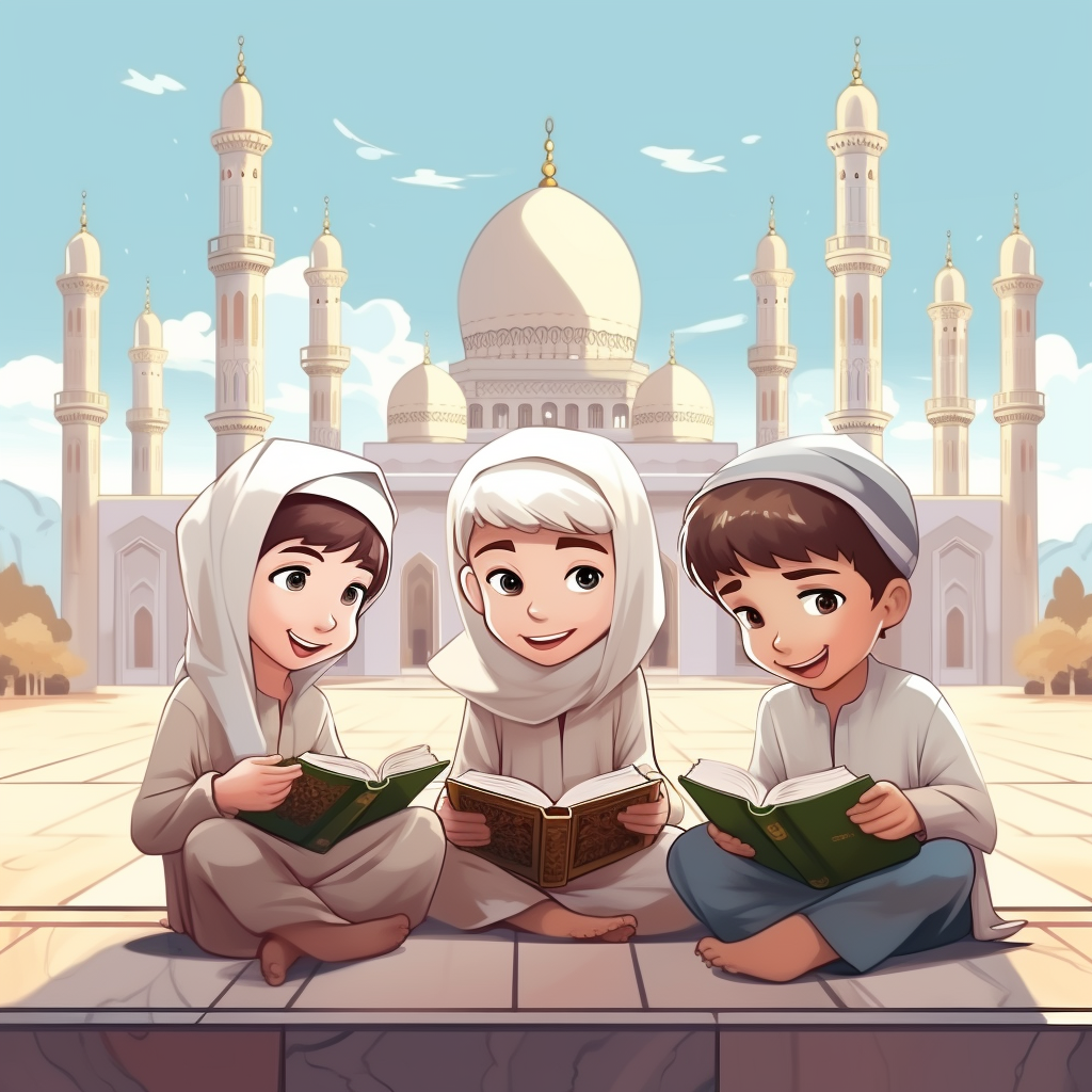 Three Islamic boys reading book outdoors