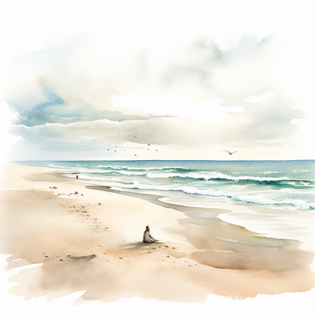 Watercolor illustration of lonely beach figure