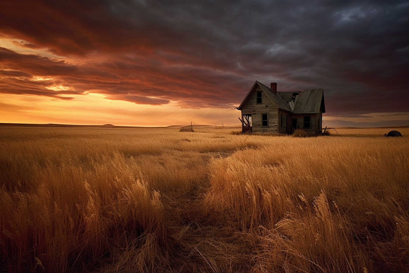 Small old farmhouse in tall grass