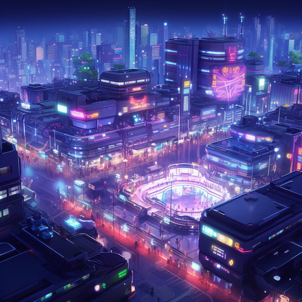 Aerial view of a futuristic cyberpunk city