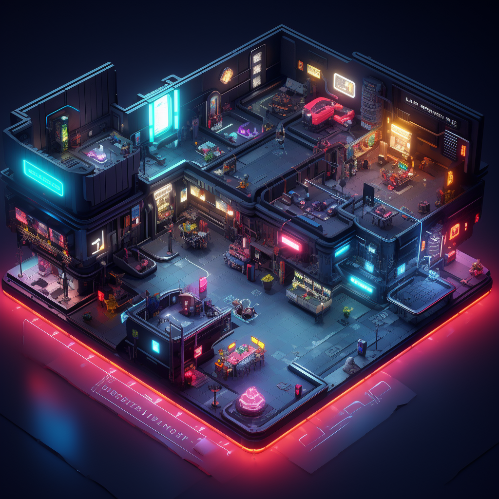 Isometric cyberpunk dystopian game map with neon lights