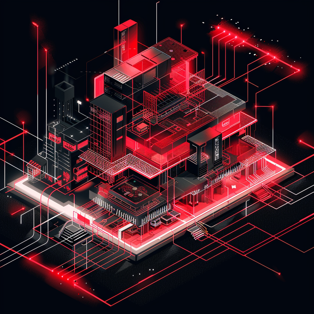 Isometric building schematic dark red white