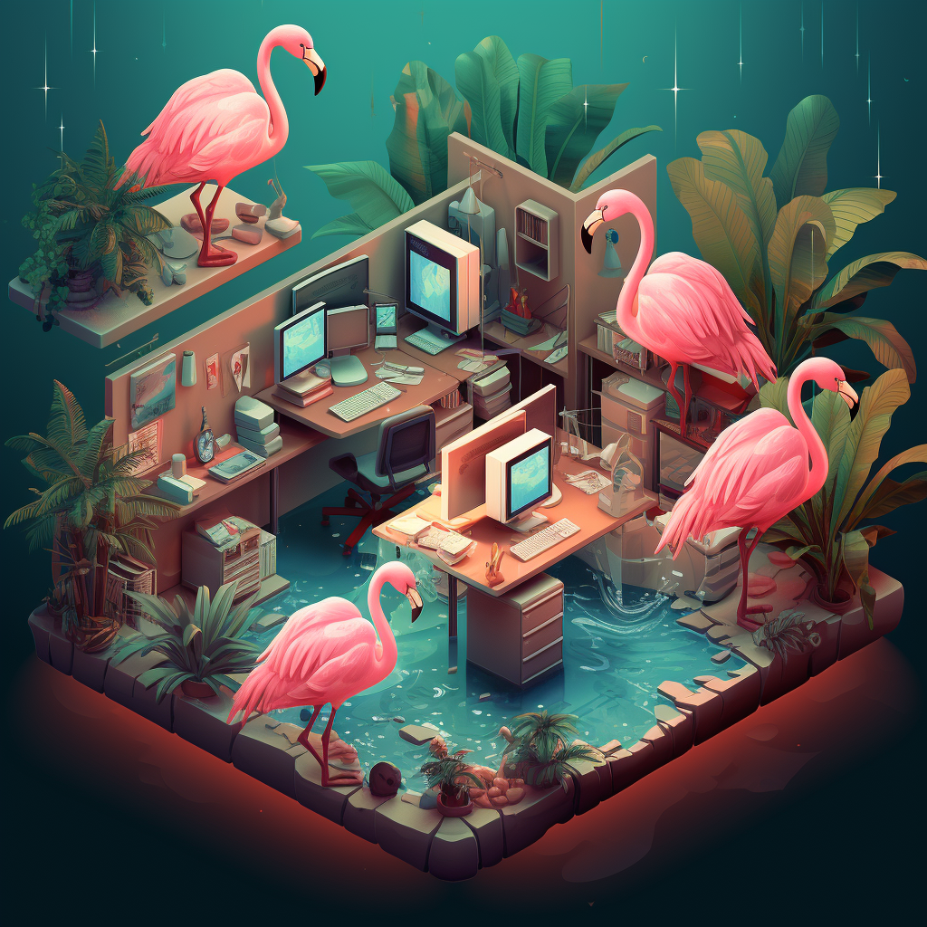 Isometric Flamingos in Office with Palm Trees and Computers