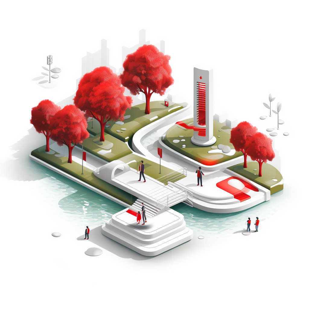 Isometric illustration of a futuristic park by water