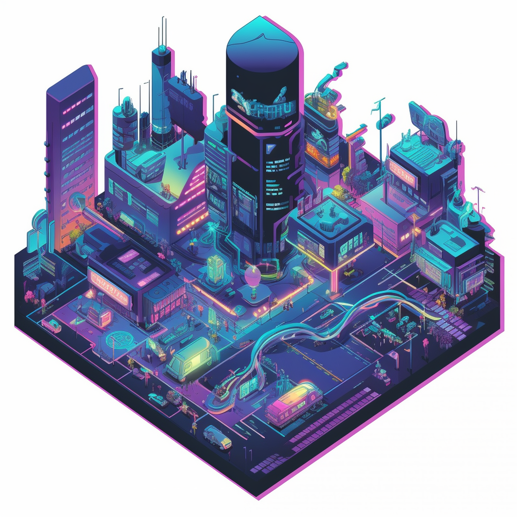 Isometric view of a cyberpunk world