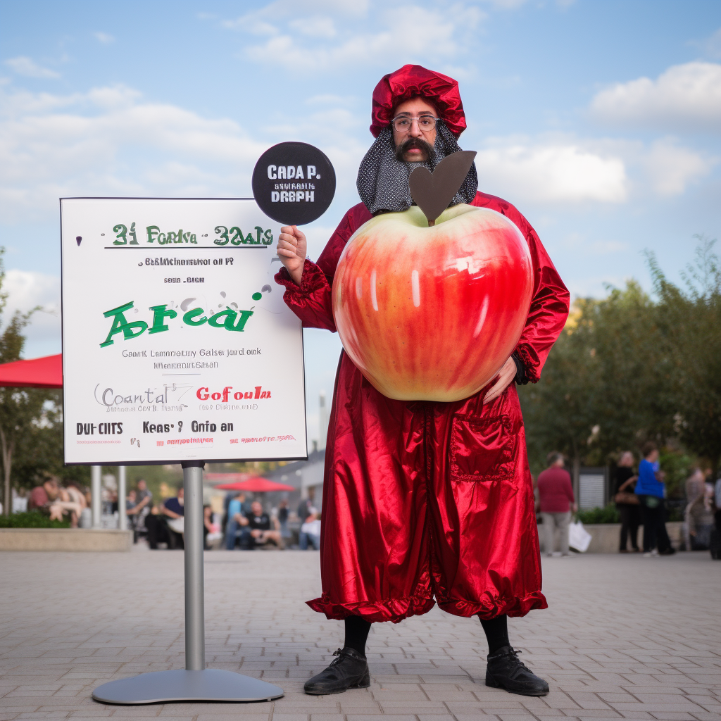 Israeli dressed as an apple with a sign