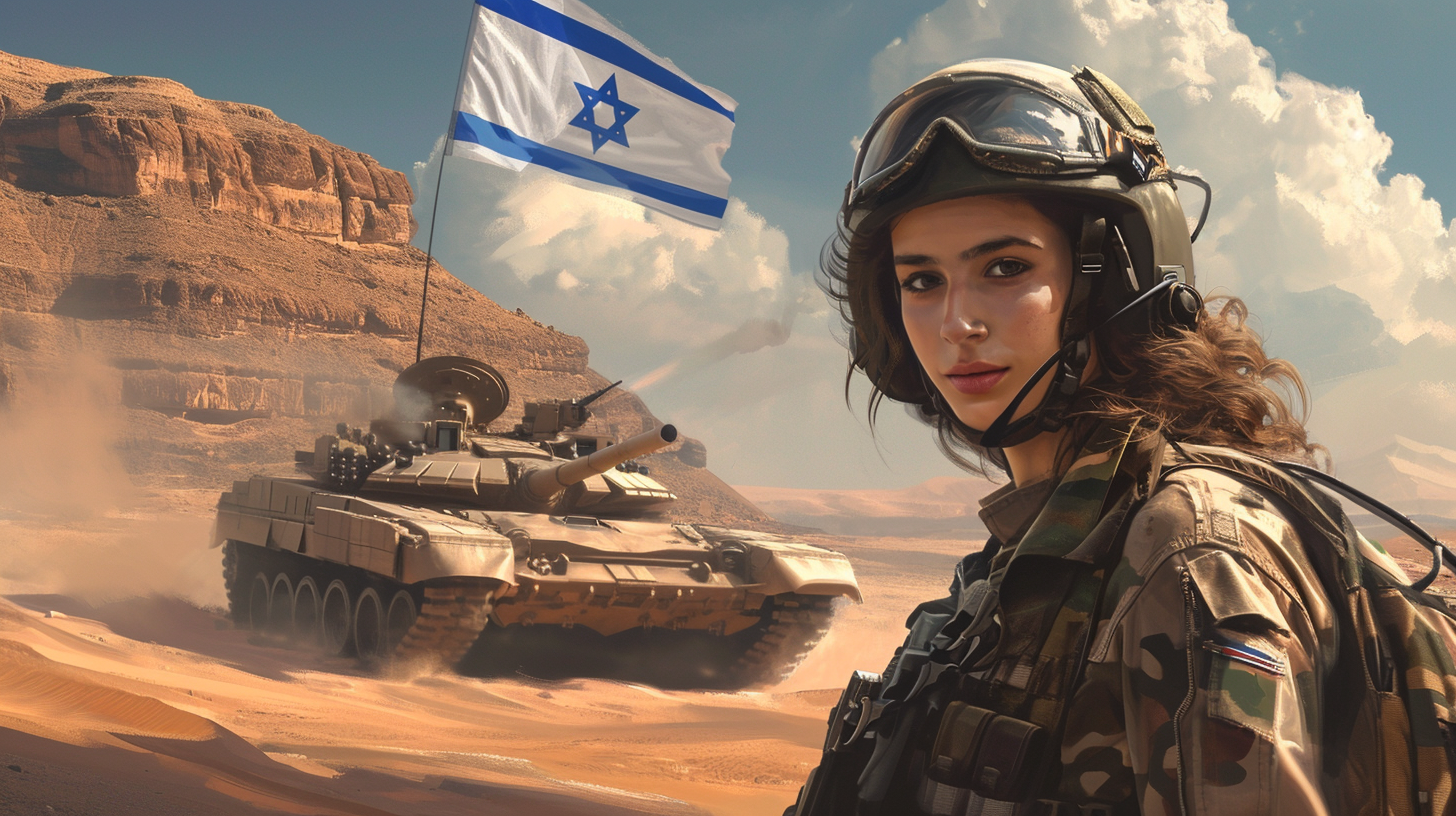 Israeli female soldier with Merkava tanks in desert