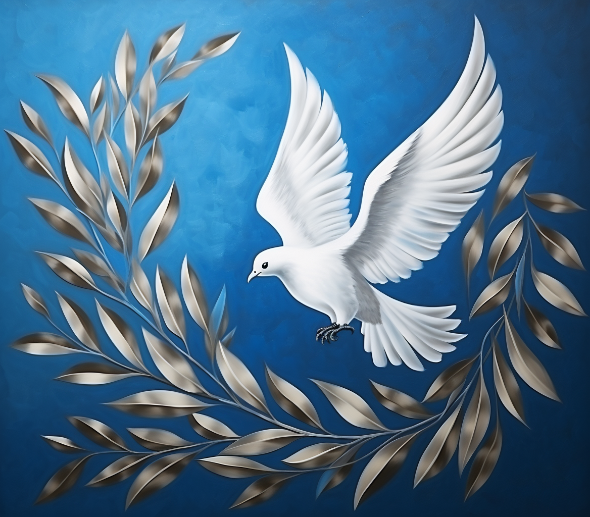 Israeli flag with satin texture and dove holding olive branch