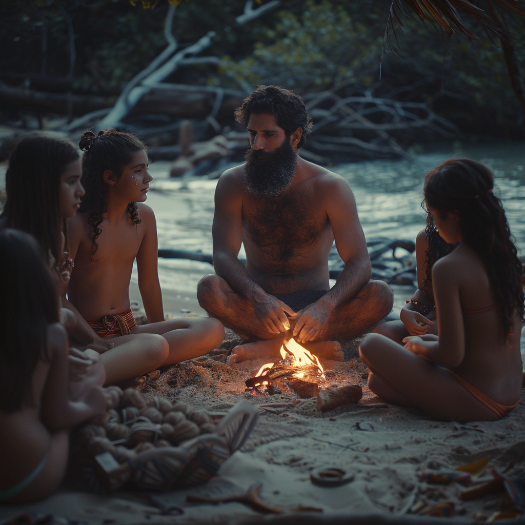 Bearded Israeli men beach campfire