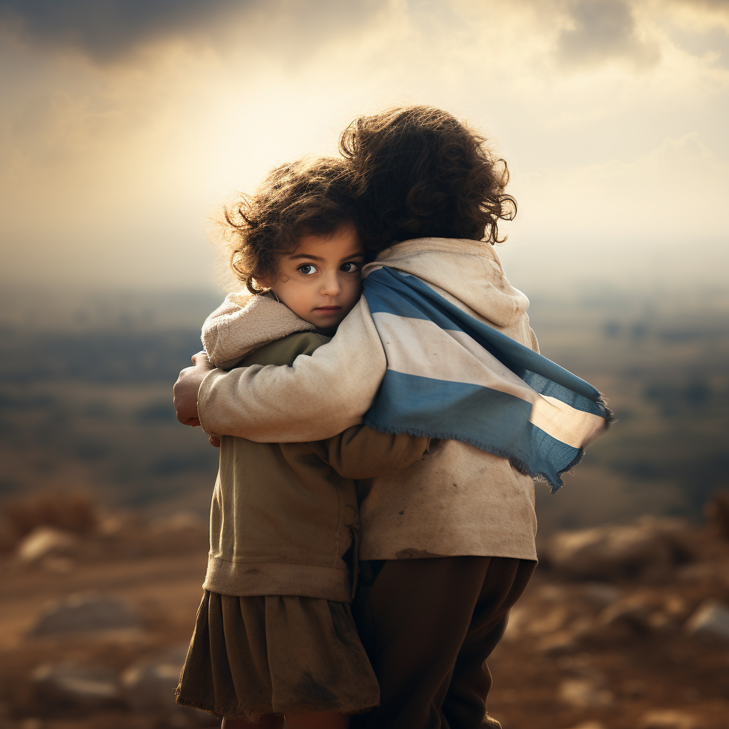 Israeli and Palestinian children embracing with flags