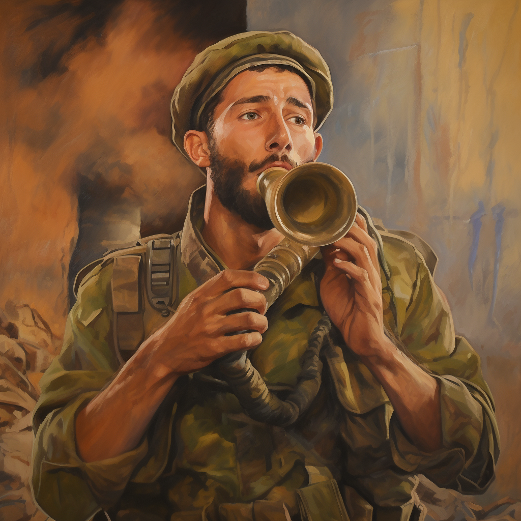 Israeli soldier blowing Jewish shofar in traditional attire