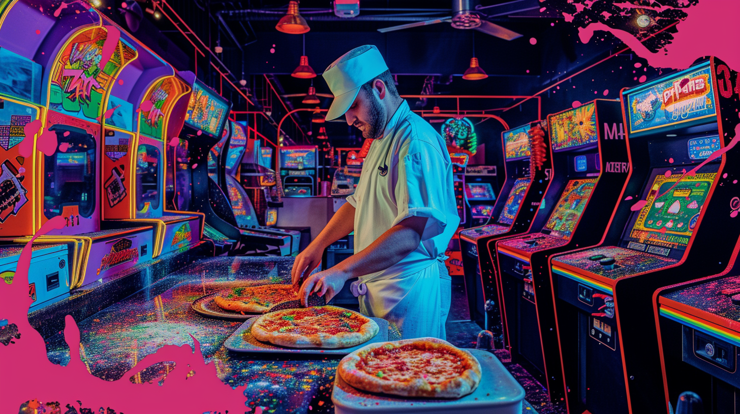 Italian chef making pizza in psychedelic arcade