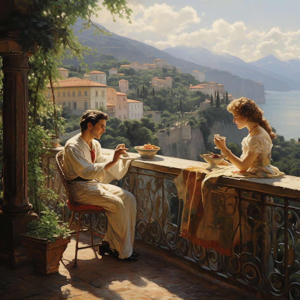 Beautiful Italian couple savoring coffee on terrace