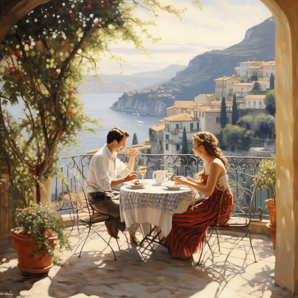 Italian couple savoring coffee on terrace