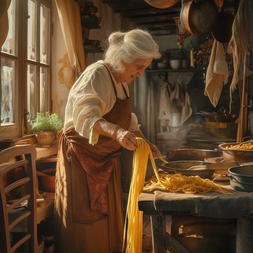 Italian grandmother making pasta rustic kitchen