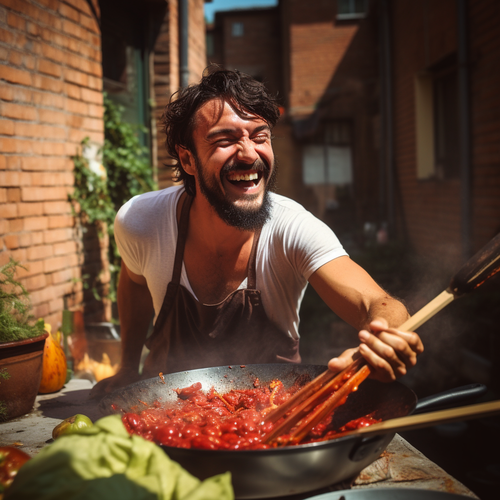 Italian guy cooking ragù with a smile